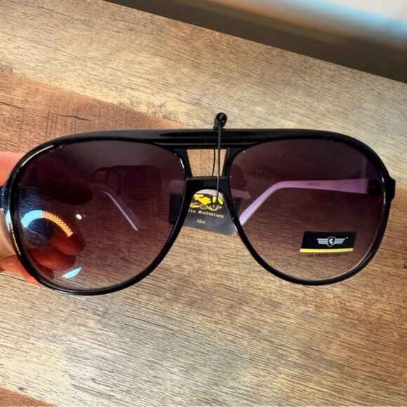 KHAN ELITE COLLECTION NWT Aviator Sunglasses Plastic Frames Black White Classic - Picture 3 of 14